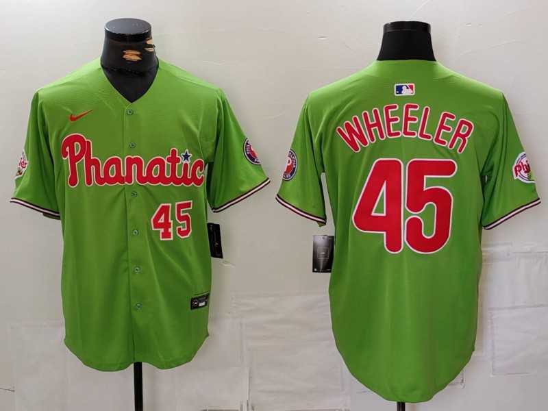 Mens Philadelphia Phillies #45 Zack Wheeler Number Green With Patch Stitched Cool Base Nike Jersey